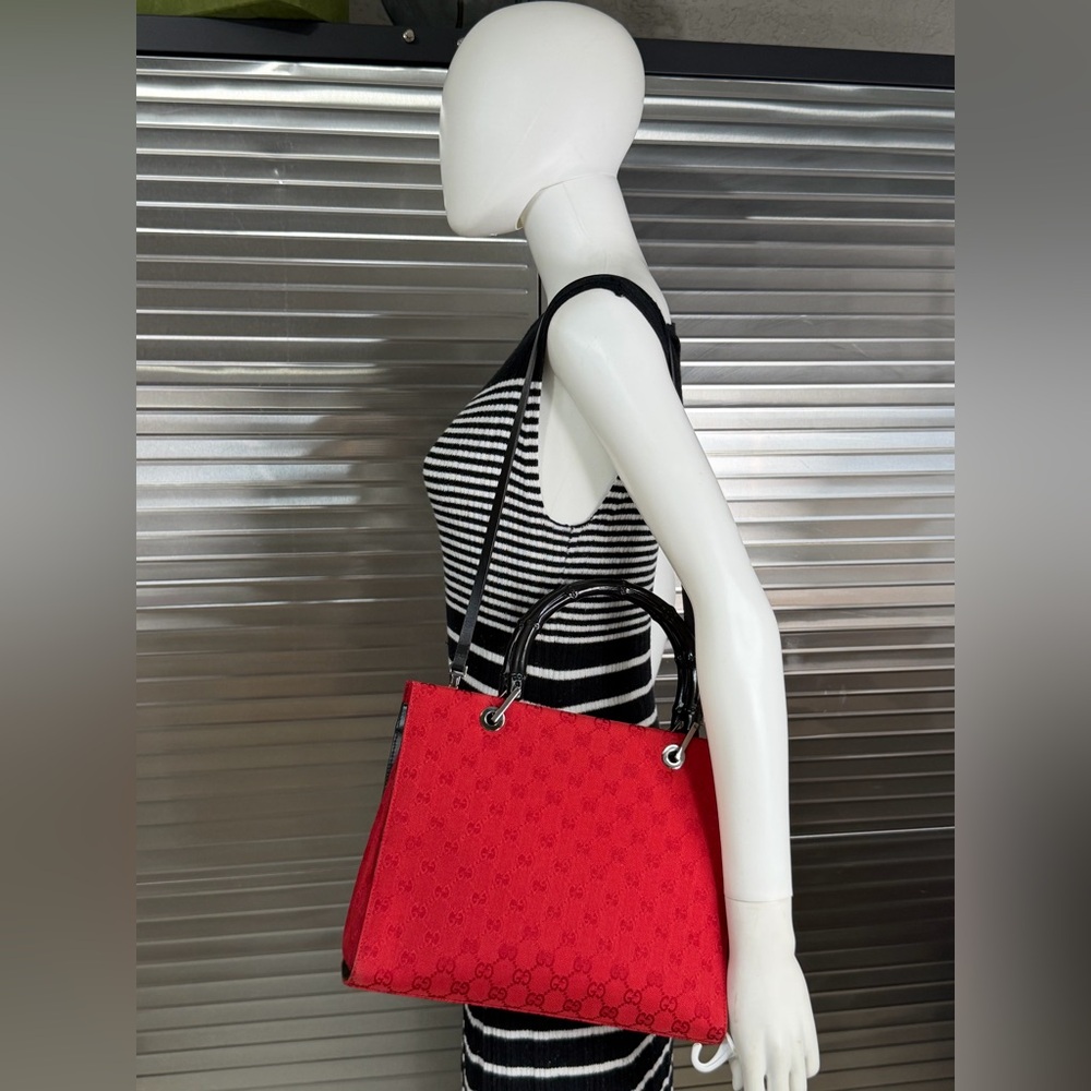 Gucci 2 Way Red Monogram GG Canvas Bamboo Tote